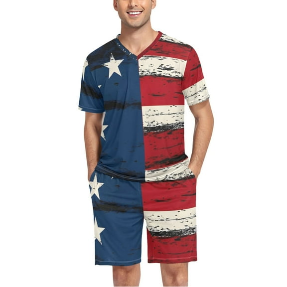 joogoo Men's Pajama Set Retro American Flag V-Neck Pj Shorts Set 2 Piece Loungewear Sleepwear L