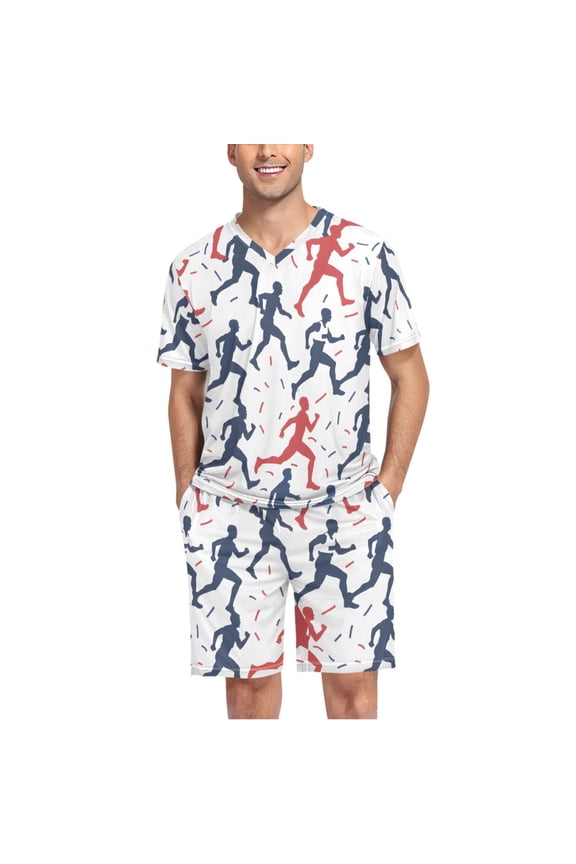 Men's Pajama Set Runing V-Neck Pj Shorts Set 2 Piece Loungewear Sleepwear M