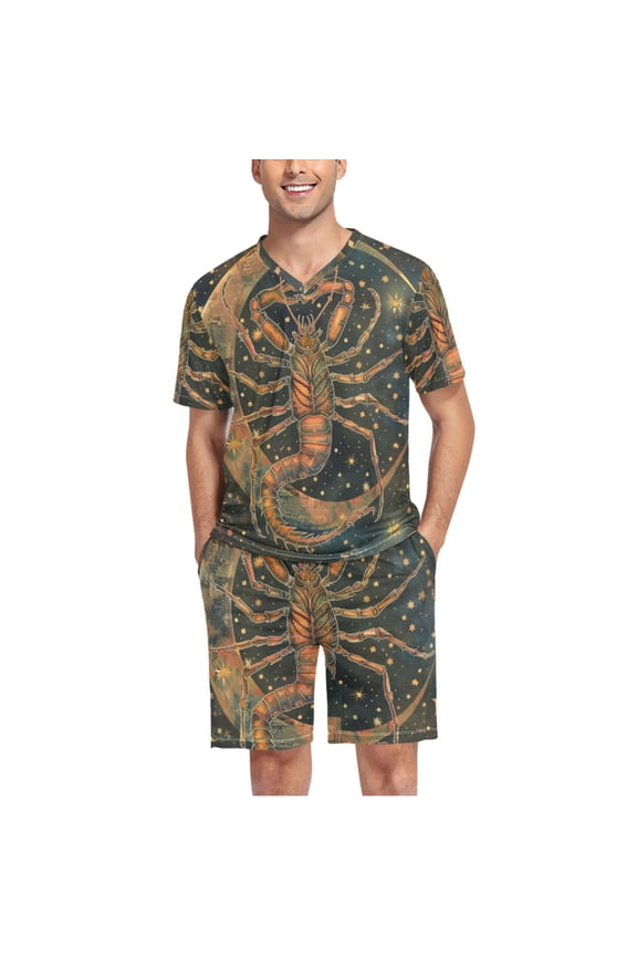 Men's Pajama Set Scorpio Zodiac Sign V-Neck Pj Shorts Set 2 Piece Loungewear Sleepwear XXL