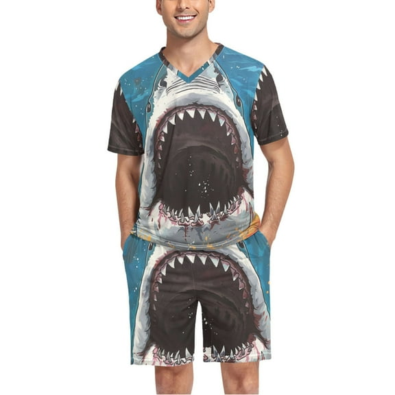 joogoo Men's Pajama Set Shark Big Mouth V-Neck Pj Shorts Set 2 Piece Loungewear Sleepwear L