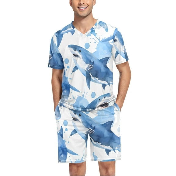 joogoo Men's Pajama Set Shark Blue V-Neck Pj Shorts Set 2 Piece Loungewear Sleepwear L