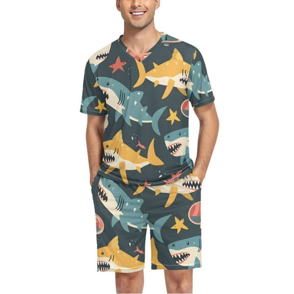 joogoo Men's Pajama Set Sharks Skating V-Neck Pj Shorts Set 2 Piece Loungewear Sleepwear L