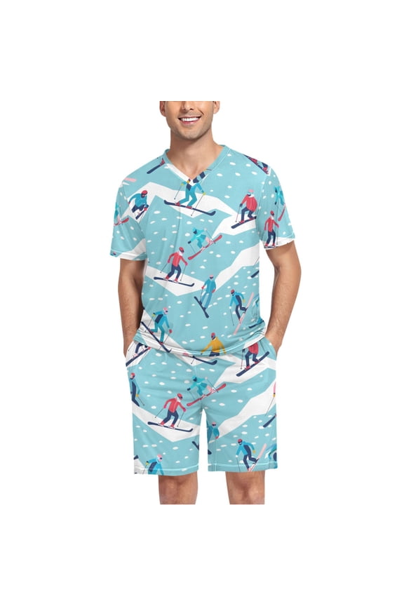 Men's Pajama Set Skiers Skating V-Neck Pj Shorts Set 2 Piece Loungewear Sleepwear XL