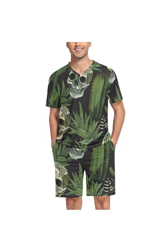 Men's Pajama Set Skull Leaves Cactus V-Neck Pj Shorts Set 2 Piece Loungewear Sleepwear XXL