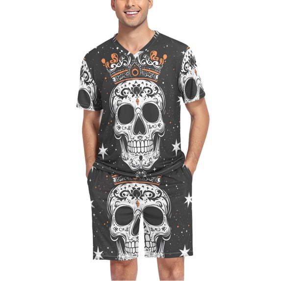 joogoo Men's Pajama Set Skull and Star V-Neck Pj Shorts Set 2 Piece Loungewear Sleepwear L