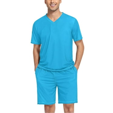 joogoo Men's Pajama Set Sky Blue V-Neck Pj Shorts Set 2 Piece Loungewear Sleepwear L