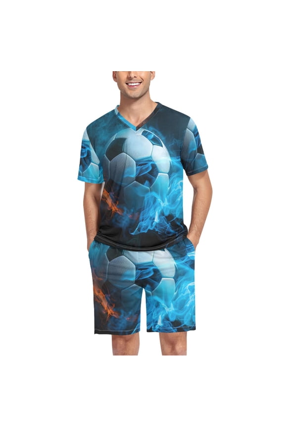 Men's Pajama Set Soccer Ball with Fire V-Neck Pj Shorts Set 2 Piece Loungewear Sleepwear S
