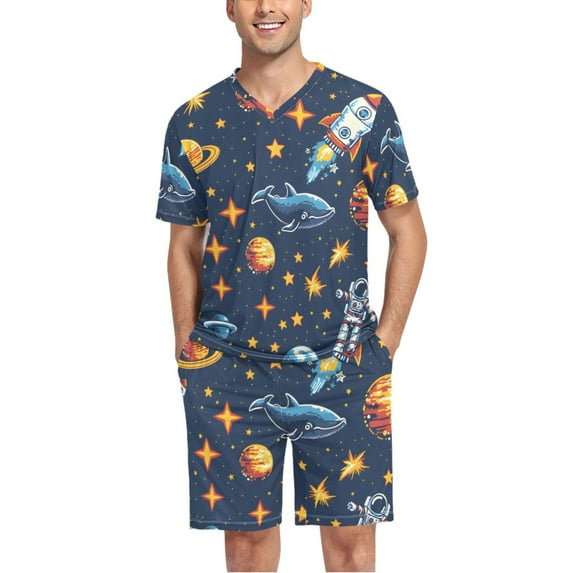 joogoo Men's Pajama Set Space Stars Universe V-Neck Pj Shorts Set 2 Piece Loungewear Sleepwear L