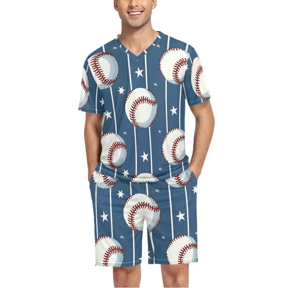 joogoo Men's Pajama Set Sport Baseball Star Stipes V-Neck Pj Shorts Set 2 Piece Loungewear Sleepwear M
