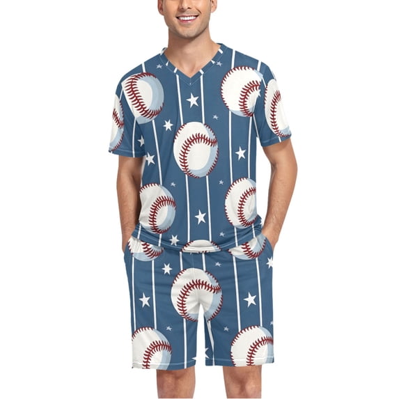 joogoo Men's Pajama Set Sport Baseball Star Stipes V-Neck Pj Shorts Set 2 Piece Loungewear Sleepwear S