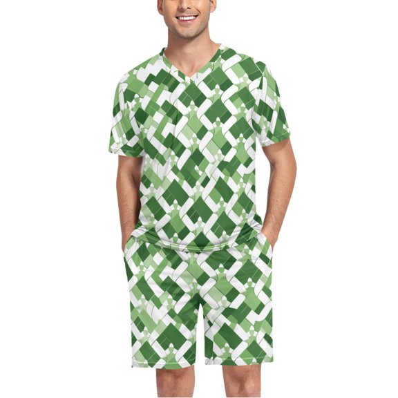 joogoo Men's Pajama Set St Patrick Checkered Grid V-Neck Pj Shorts Set 2 Piece Loungewear Sleepwear XL