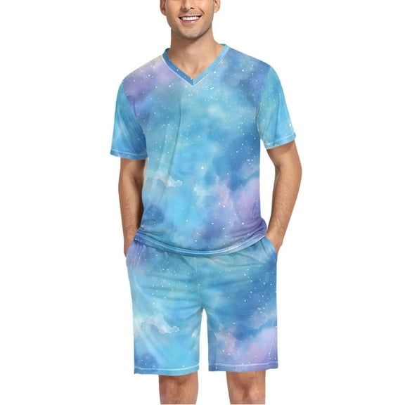joogoo Men's Pajama Set Starry Light Blue Sky V-Neck Pj Shorts Set 2 Piece Loungewear Sleepwear XL