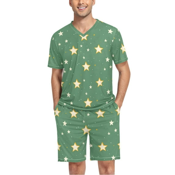 joogoo Men's Pajama Set Stars Pattern V-Neck Pj Shorts Set 2 Piece Loungewear Sleepwear L