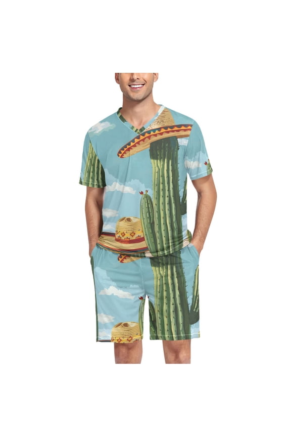 Men's Pajama Set Summer Cactus V-Neck Pj Shorts Set 2 Piece Loungewear Sleepwear XXL