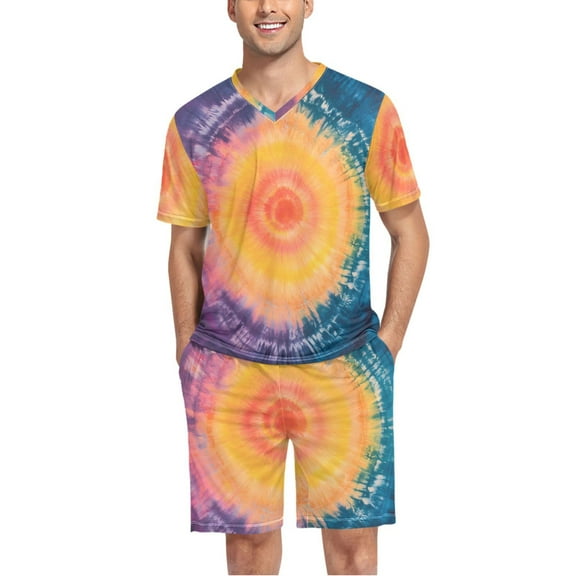 joogoo Men's Pajama Set Swirl Orange Tie Dye V-Neck Pj Shorts Set 2 Piece Loungewear Sleepwear S