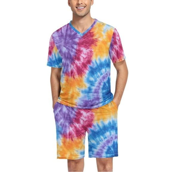 joogoo Men's Pajama Set Tie Dye Purple Pattern V-Neck Pj Shorts Set 2 Piece Loungewear Sleepwear L