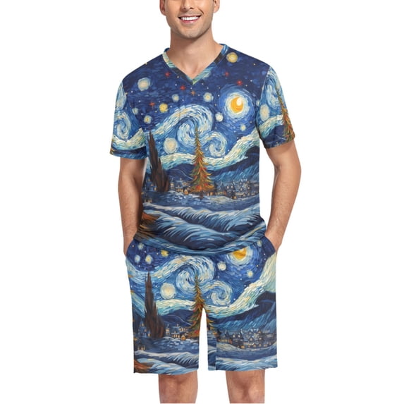 joogoo Men's Pajama Set Trees Starry Sky V-Neck Pj Shorts Set 2 Piece Loungewear Sleepwear XL