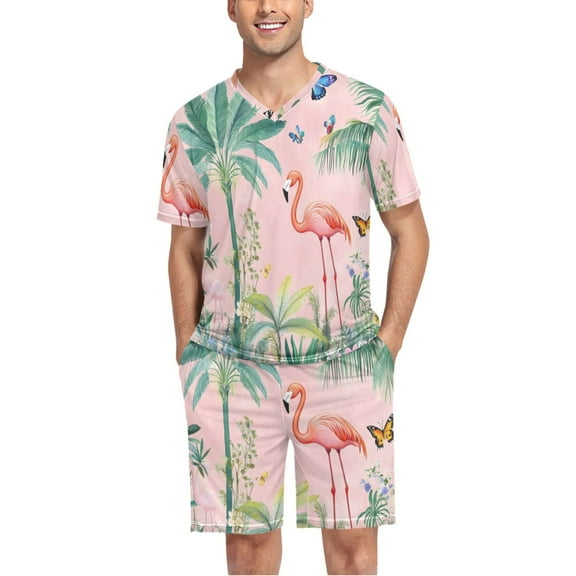 joogoo Men's Pajama Set Tropical Flamingo Butterfly V-Neck Pj Shorts Set 2 Piece Loungewear Sleepwear L