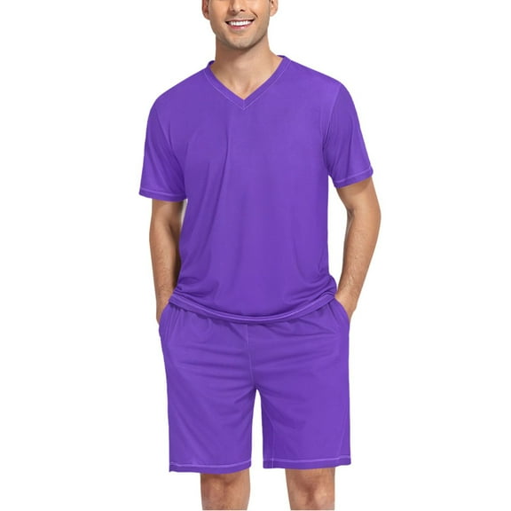 joogoo Men's Pajama Set Tulip Purple V-Neck Pj Shorts Set 2 Piece Loungewear Sleepwear L