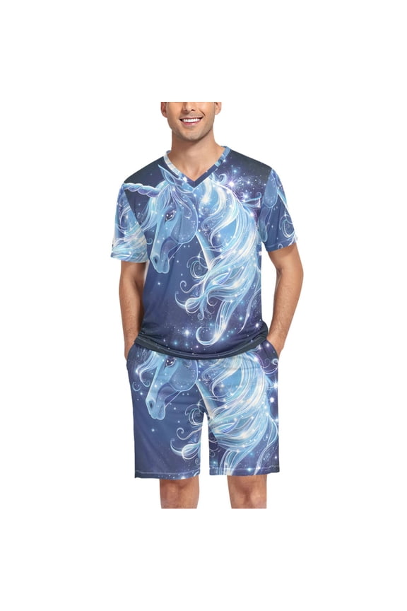 Men's Pajama Set Unicorn Magic V-Neck Pj Shorts Set 2 Piece Loungewear Sleepwear XXL