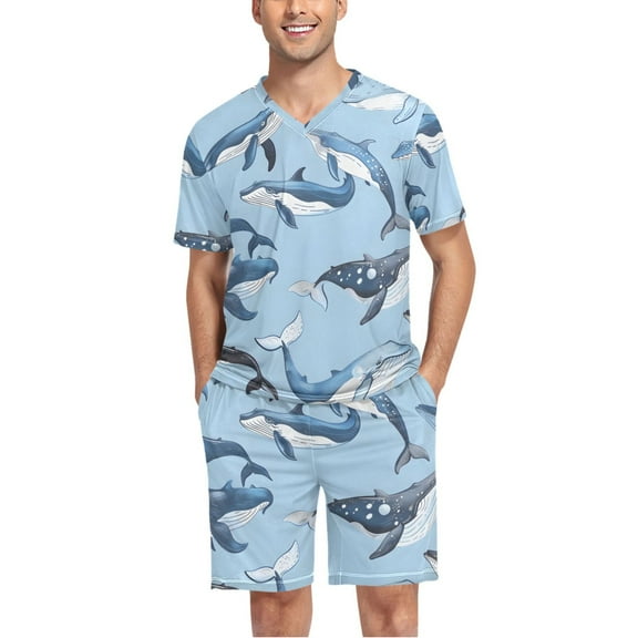 joogoo Men's Pajama Set Whales V-Neck Pj Shorts Set 2 Piece Loungewear Sleepwear L