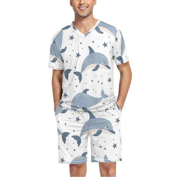 joogoo Men's Pajama Set Whales and Stars V-Neck Pj Shorts Set 2 Piece Loungewear Sleepwear XXL