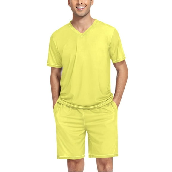 joogoo Men's Pajama Set Yellow V-Neck Pj Shorts Set 2 Piece Loungewear Sleepwear L