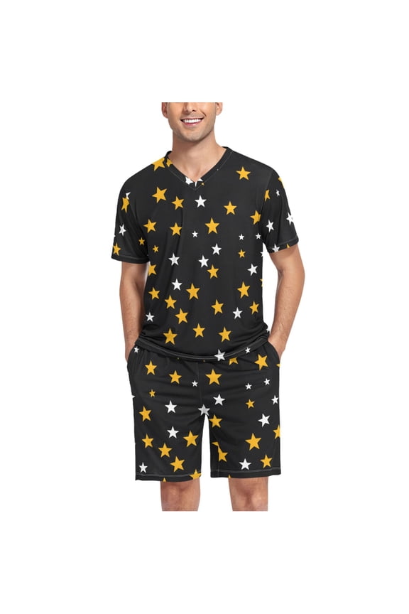 Men's Pajama Set Yellow White Stars V-Neck Pj Shorts Set 2 Piece Loungewear Sleepwear XXL