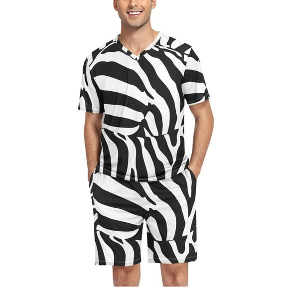 joogoo Men's Pajama Set Zebra Texture V-Neck Pj Shorts Set 2 Piece Loungewear Sleepwear L