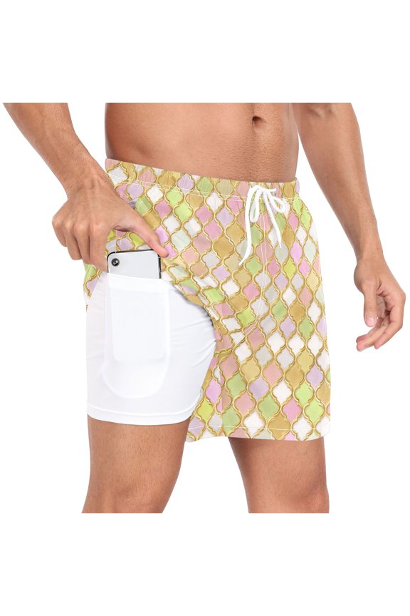 Men's Pastel Moroccan Pattern Swim Trunks with Liner Pocket Beach Shorts XL