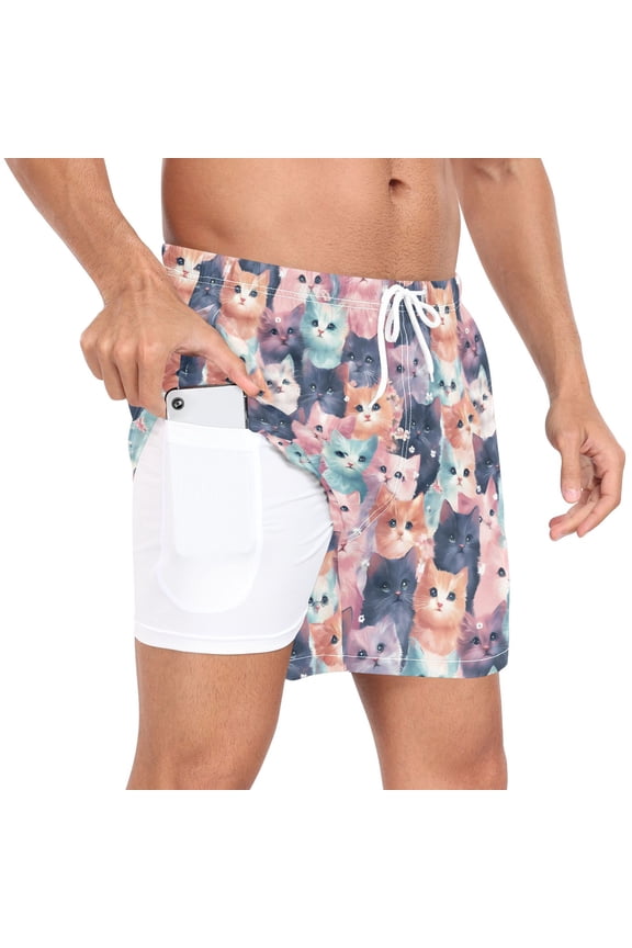 Men's Pastle Cute Cat Swim Trunks with Liner Pocket Beach Shorts L