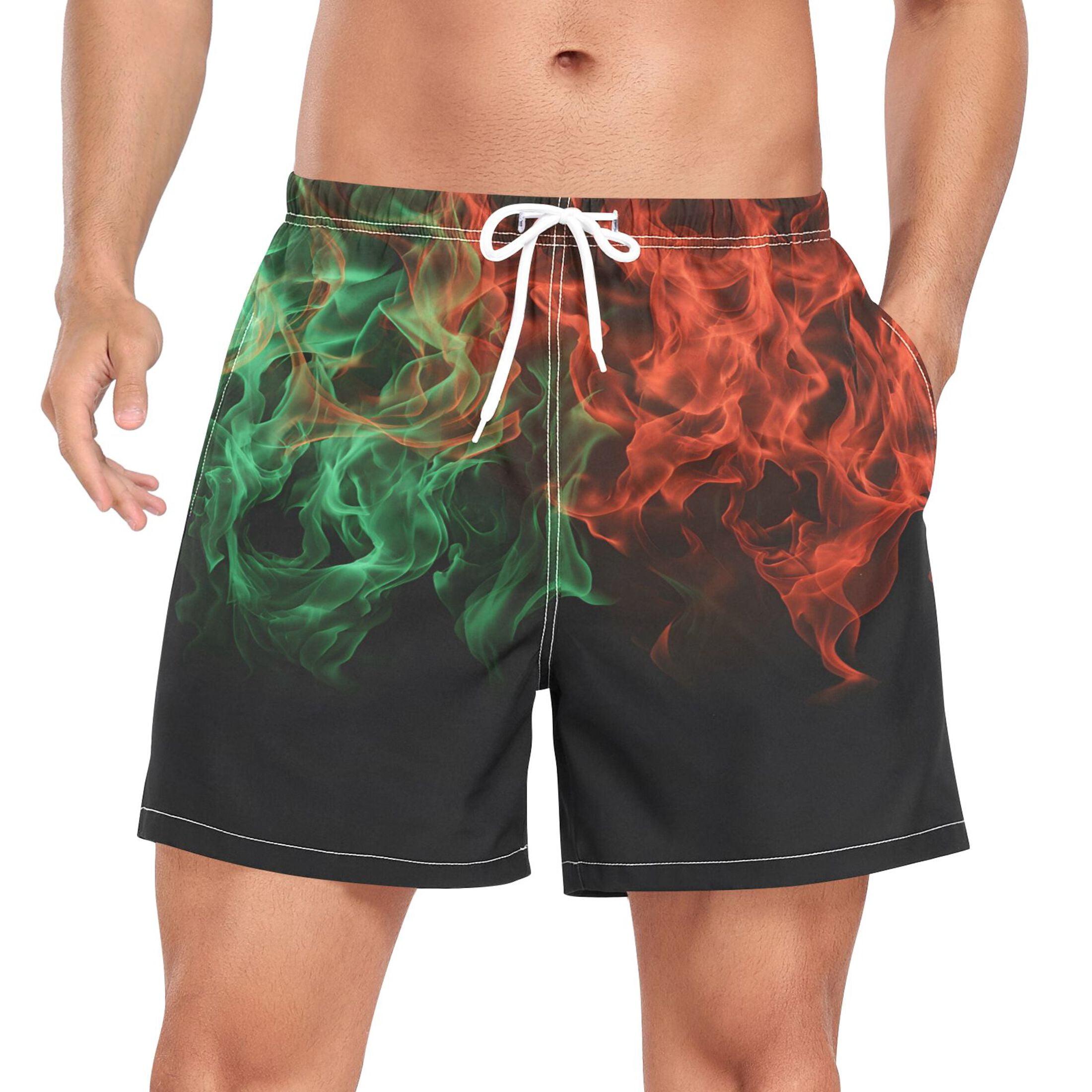 joogoo Men's Red Green Flames Swim Trunks with Liner Pocket Beach Shorts Large