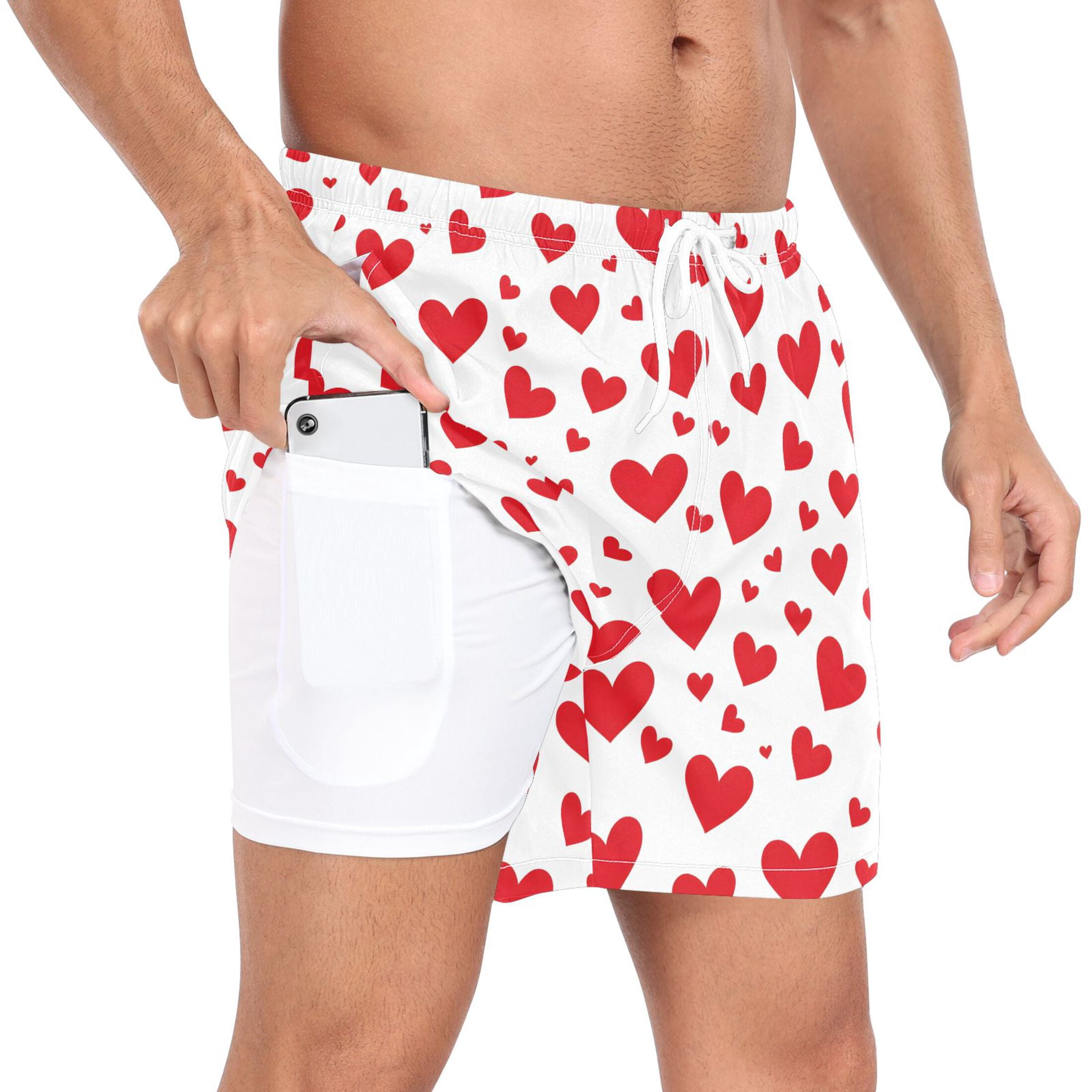joogoo Men's Red Hearts Swim Trunks with Liner Pocket Beach Shorts M