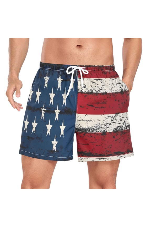 Men's Retro American Flag Swim Trunks with Liner Pocket Beach Shorts Large