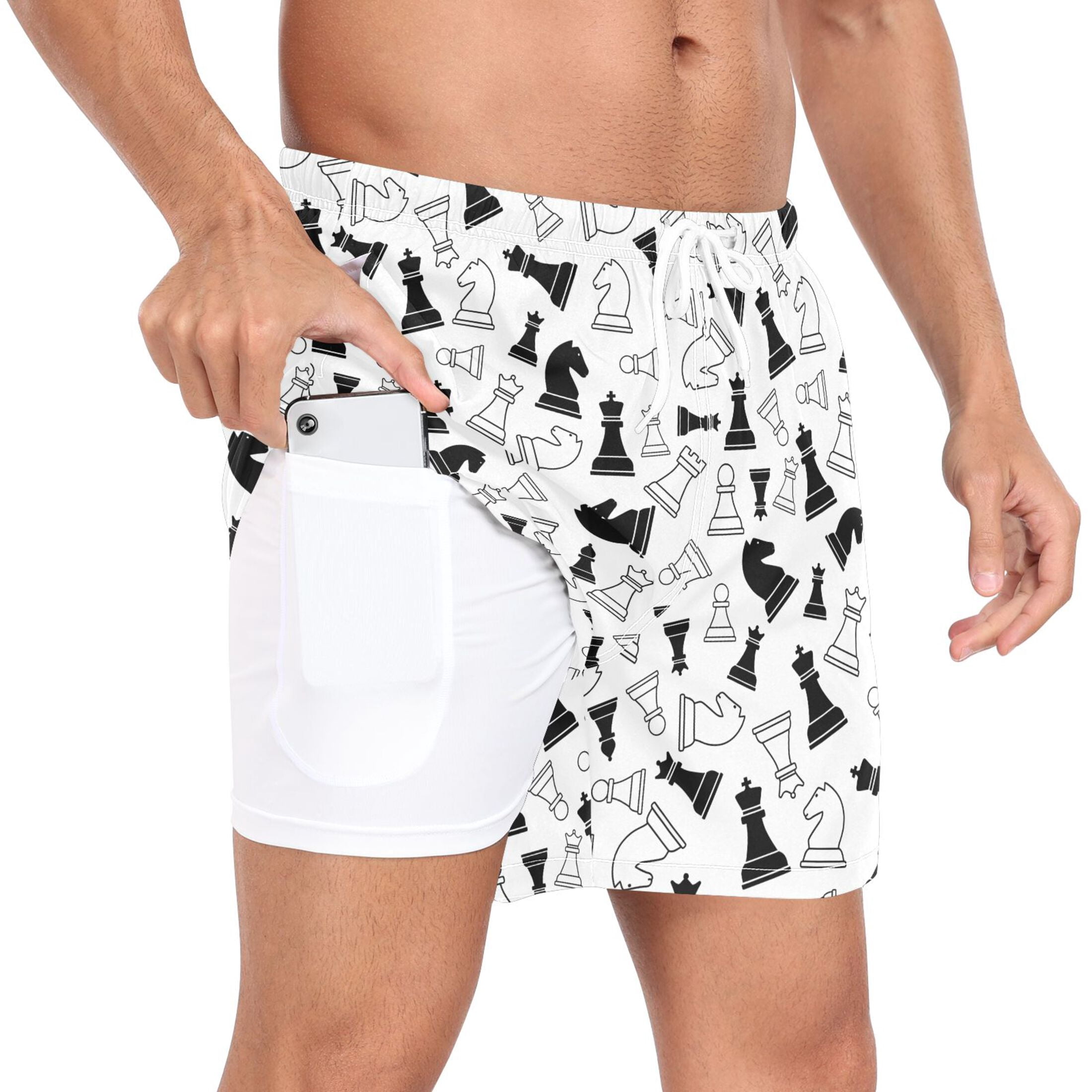 joogoo Men's Retro Chess Swim Trunks with Liner Pocket Beach Shorts S