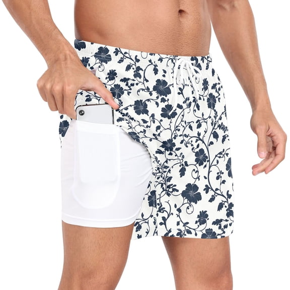 joogoo Men's Retro Floral-a2 Swim Trunks with Liner Pocket Beach Shorts L