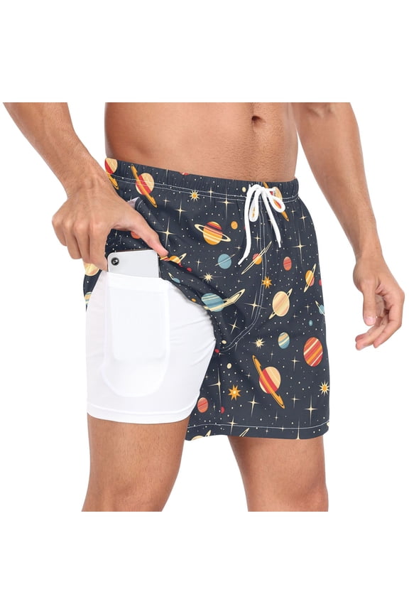 Men's Retro Space Planets Swim Trunks with Liner Pocket Beach Shorts L