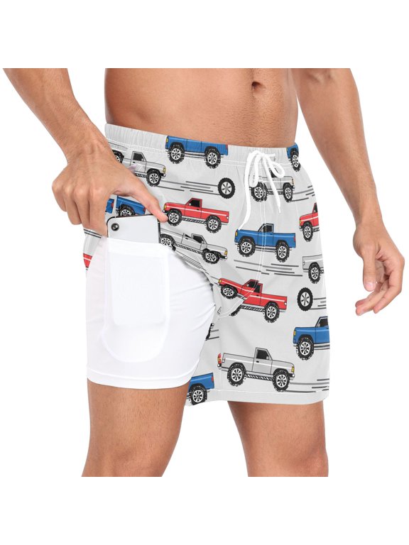 Men's Retro Trucks Vehicles Swim Trunks with Liner Pocket Beach Shorts L