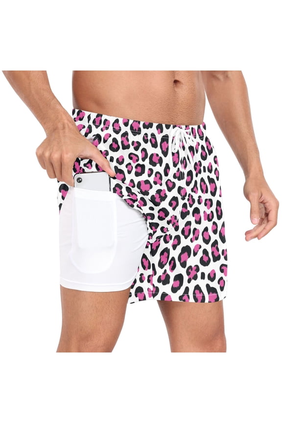 Men's Rose Red Leopard Swim Trunks with Liner Pocket Beach Shorts L