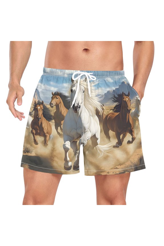 Men's Running Horses Swim Trunks with Liner Pocket Beach Shorts Medium
