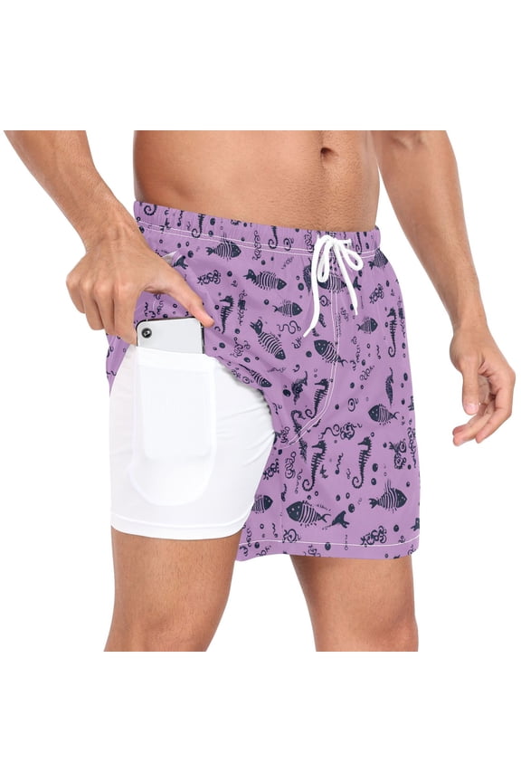 Men's Seahorse Fish Bone Pattern Swim Trunks with Liner Pocket Beach Shorts M