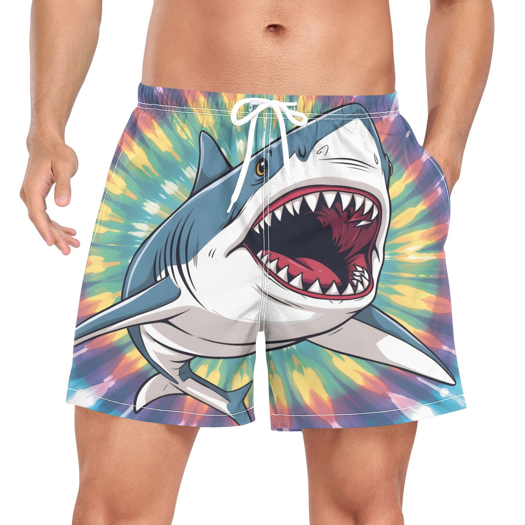 joogoo Men's Shark Tie Dye Swim Trunks with Liner Pocket Beach Shorts Large