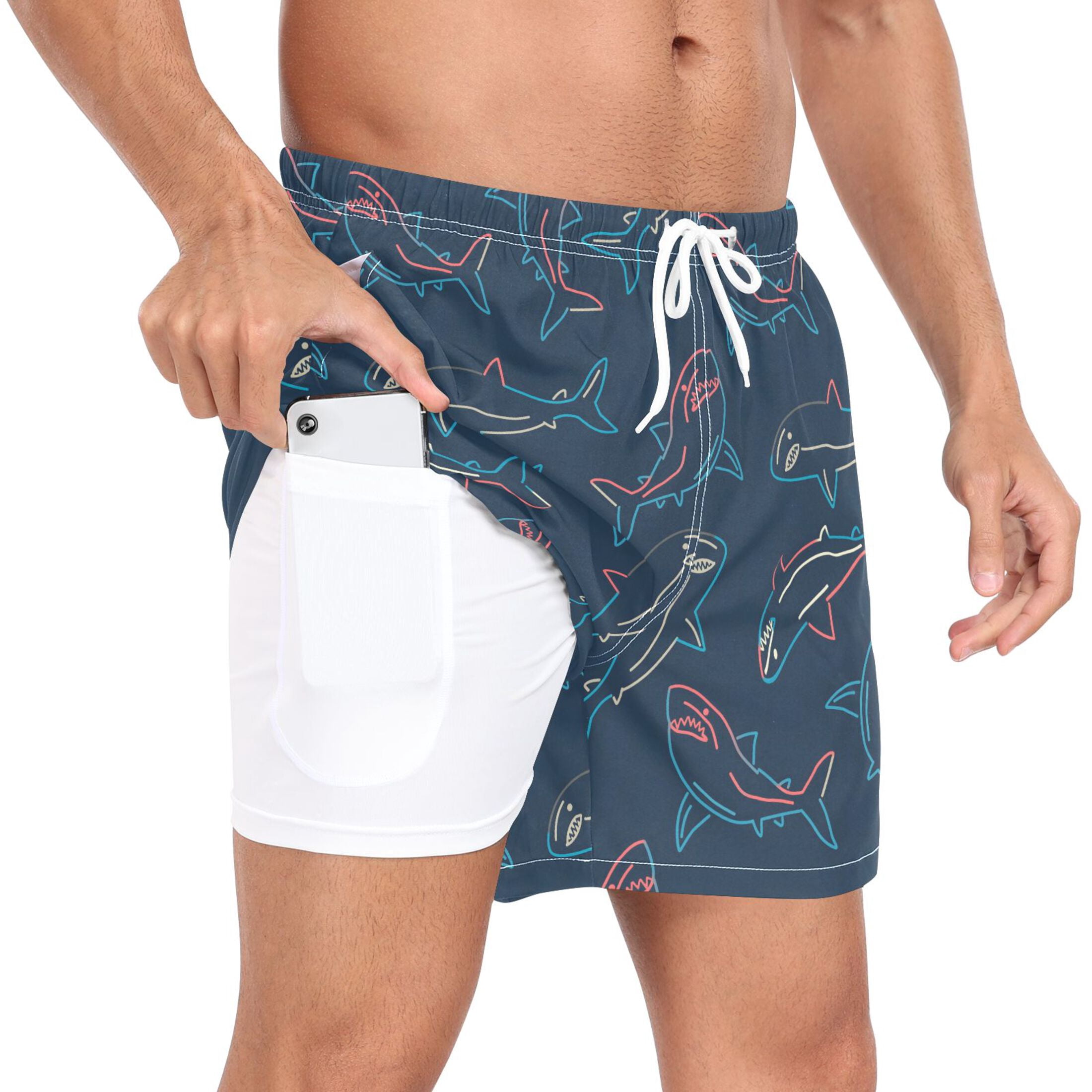 joogoo Men's Sharks-a1 Swim Trunks with Liner Pocket Beach Shorts M