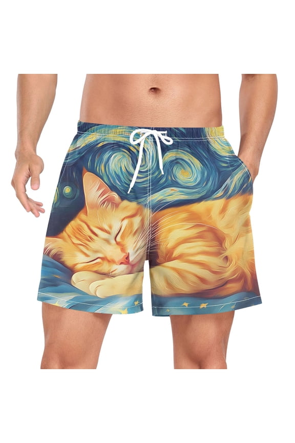Men's Sleeping Cat Swim Trunks with Liner Pocket Beach Shorts Large