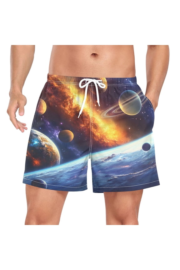 Men's Space Planets Swim Trunks with Liner Pocket Beach Shorts Large