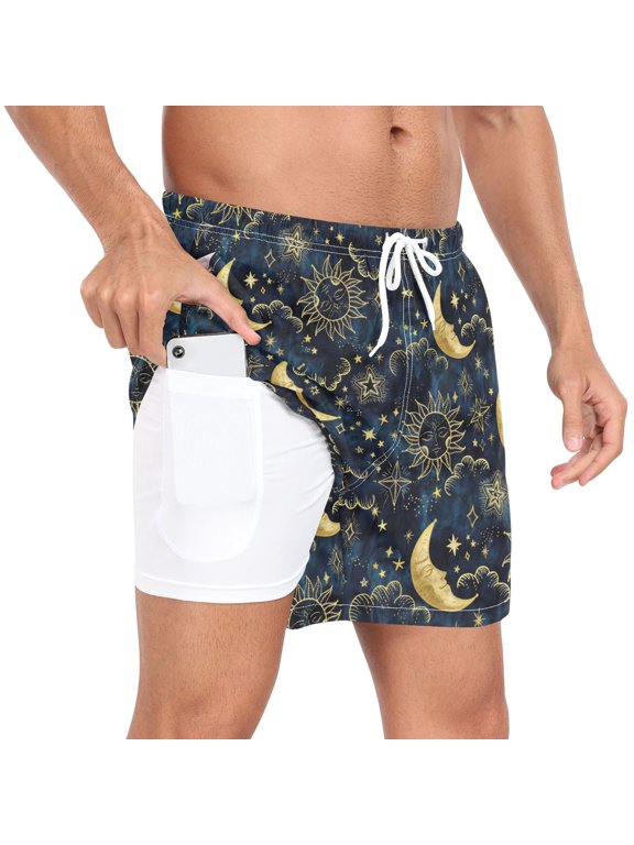 Men's Sun Moon Boho Cosmos Astrology Swim Trunks with Liner Pocket Beach Shorts L