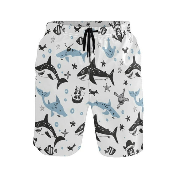 joogoo Men's Swim Trunks Cartoon Shark Fish Beach Shorts with Pockets L