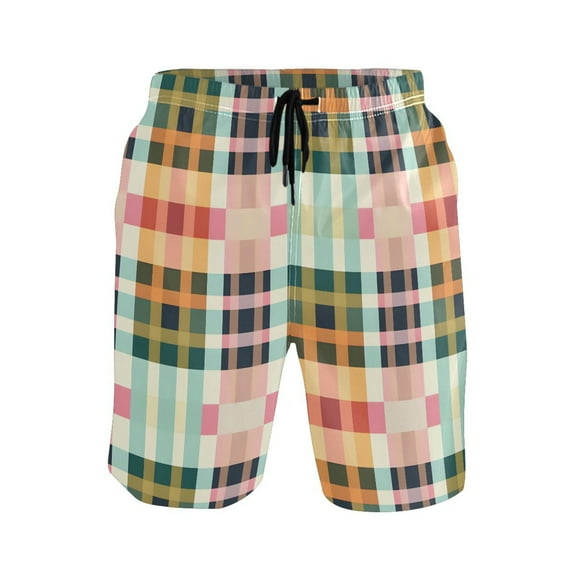joogoo Men's Swim Trunks Checkered Pattern Grid Beach Shorts with Pockets XL