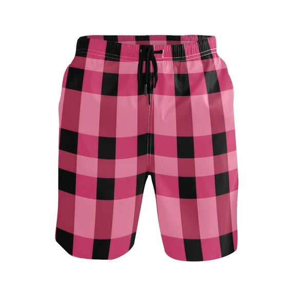 joogoo Men's Swim Trunks Checkered Pink Grid Print Beach Shorts with Pockets L