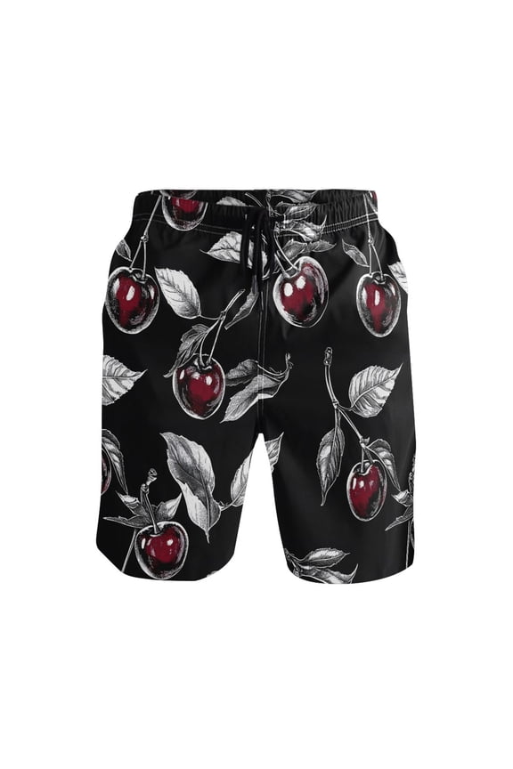 Men's Swim Trunks Cherry on Black Beach Shorts with Pockets M
